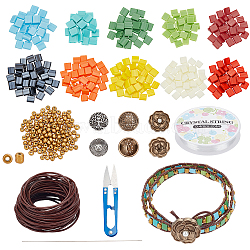 DIY Tile Bracelet Making Kit, Including Glass Seed Beads, Rose & Half Round Alloy Buttons, Cowhide Leather Cord, Elastic Thread, Scissors, Mixed Color(DIY-NB0009-74)