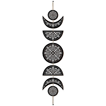 Moon Phase Wood Hanging Wall Decorations, with Cotton Thread Tassels, for Home Wall Decorations, Flower Pattern, 72.5cm