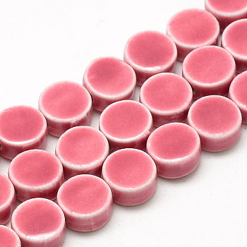 Handmade Porcelain Beads, Bright Glazed Porcelain, Flat Round, Hot Pink, 8~8.5x4~4.5mm, Hole: 2mm