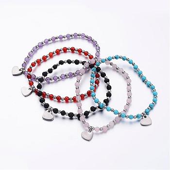 304 Stainless Steel Charm Bracelets, Heart, with Natural & Synthetic Mixed Stone Beads and Elastic Fibre Wire, 2-1/4 inch(57mm)
