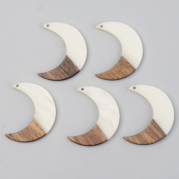 Opaque Resin & Walnut Wood Pendants, Moon, Floral White, 38x30x3mm, Hole: 2mm