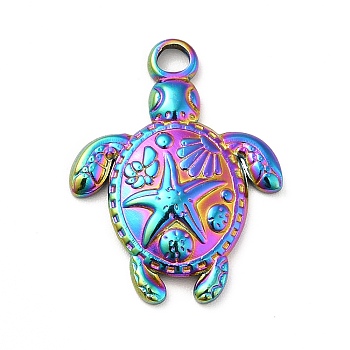Ion Plating(IP) 201 Stainless Steel Pendants, Tortoise with Starfish Charms, Rainbow Color, 23.5x18x3mm, Hole: 2.5mm