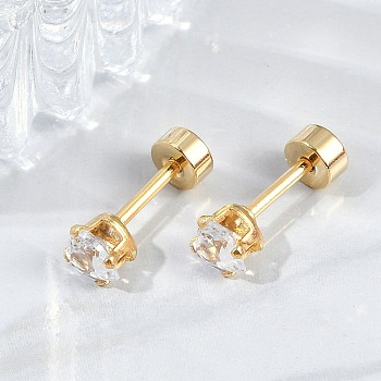 Heart Glass Ear Fake Plugs, 304 Stainless Steel Piercing Stud Screw Earrings for Women, Golden, Clear, 4x4mm, Pin: 1mm