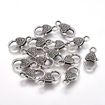 Tibetan Style Heart Lobster Claw Clasps, Cadmium Free & Nickel Free & Lead Free, Antique Silver, 26.5x14x6mm, Hole: 4mm