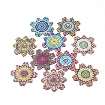 Wood Printed Big Pendants, Flower, Mixed Color, 60x60x2.5mm, Hole: 1.8mm
