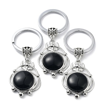 Natural Obsidian Keychain, with Plating Brass Pendant and Iron Rings, Lead Free & Cadmium Free, 6.6cm