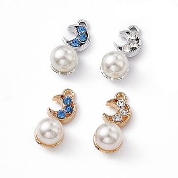 Alloy Rhinestone Pendants, with ABS Imitation Pearl Beads, Moon Charm, Platinum & Golden, Mixed Color, 19x8x8.5mm, Hole: 1.4mm