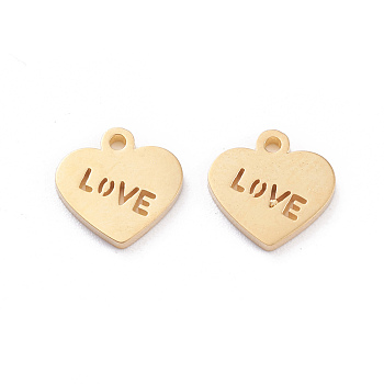 Valentine's Day 304 Stainless Steel Charms, Laser Cut, Heart with Word Love, Golden, 10x10x1mm, Hole: 1.2mm
