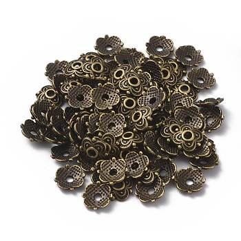 4-Petal Tibetan Style Alloy Flower Bead Caps, Cadmium Free & Nickel Free & Lead Free, Antique Bronze, 8x8x2mm, Hole: 2mm