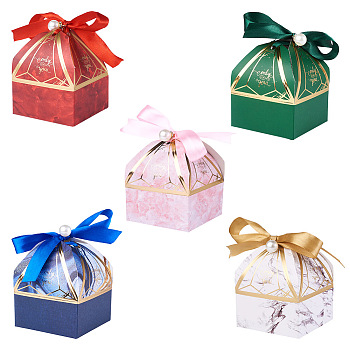 Magibeads 30 Sets 5 Colors Creative Portable Foldable Paper Box, Wedding Candy Boxes, Paper Gift Box, with Ribbon, Tower Shape, Mixed Color, 7x7x9cm, 6 Sets/color