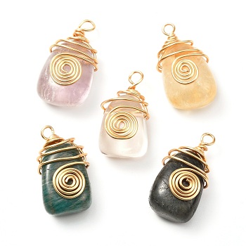 Teardrop Natural Mixed Gemstone Beads Pendants, with Eco-Friendly Copper Wire, Real 18K Gold Plated, 33~36.5x18~19.5x14~16mm, Hole: 3.3~4mm
