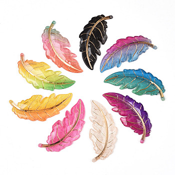 Printed Translucent Acrylic Big Pendants, Golden Metal Enlaced, Leaf, Mixed Color, 61x26.5x4.5mm, Hole: 1.6mm