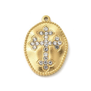 304 Stainless Steel Rhinestone Pendants, Oval, Cross, Golden, Crystal, 23x16x3mm, Hole: 1.4mm