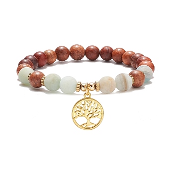 Natural Flower Amazonite & Wood & Synthetic Hematite Stretch Bracelet with Brass Tree of Life, Gemstone Jewelry for Women, Red, Inner Diameter: 2 inch(5.2cm)