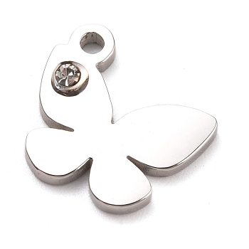304 Stainless Steel Charms, Manual Polishing, with Crystal Rhinestone, Butterfly, Stainless Steel Color, 13.5x12x1.5mm, Hole: 1.2mm