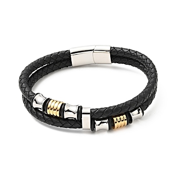 Cowhide Braided Double Layer Bracelet with 304 Stainless Steel Magnetic Clasps, Gothic Jewelry for Men Women, Black, 10 inch(25.5cm)