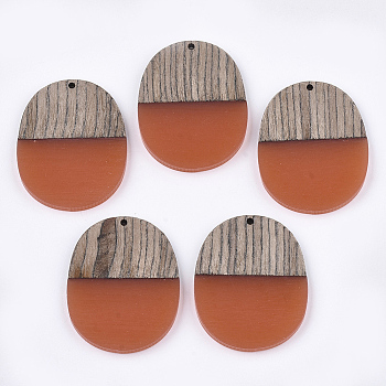 Resin & Wenge Wood Pendants, Oval, Coral, 44.5x34.5~35.5x3~4mm, Hole: 2mm