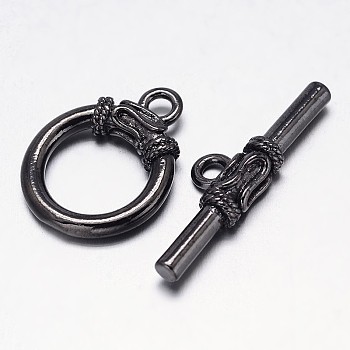 Brass Ring Toggle Clasps, Gunmetal, Ring: 21x16x6mm, Bar: 9x29x4mm, Hole: 1mm