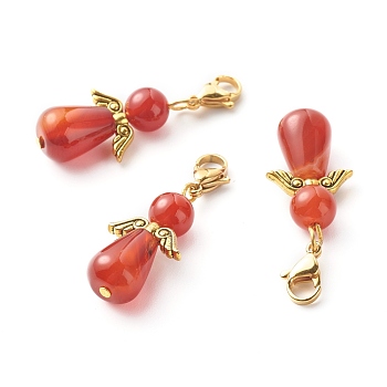 Dyed & Heated Natural Carnelian Pendant Decorations, with Alloy Wing Pendants & Swivel Lobster Claw Clasps, Golden, Angel, 40mm