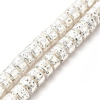 Electroplated Natural Lava Rock Beads Strands, Column, Silver Plated, 6x8.5mm, Hole: 1mm, about 64~66pcs/strand, 15.16~15.35 inch(38.5~39.7cm)