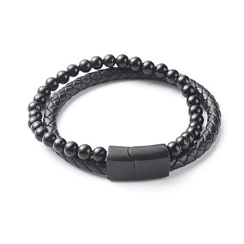 Natural Obsidian Round Beads Multi-strand Bracelets, with Braided Cowhide Leather, Black, 8-7/8 inch(22.5cm)