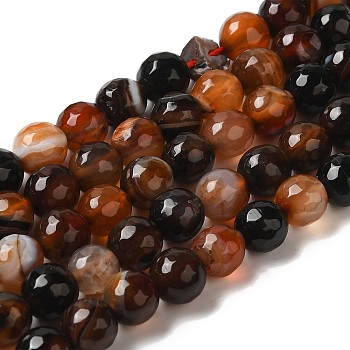 Dyed & Heated Natural Banded Agate Beads Strands, Faceted, Round, Sienna, 7.5~8mm, Hole: 1.2mm, about 48pcs/strand, 14.17''(36cm)