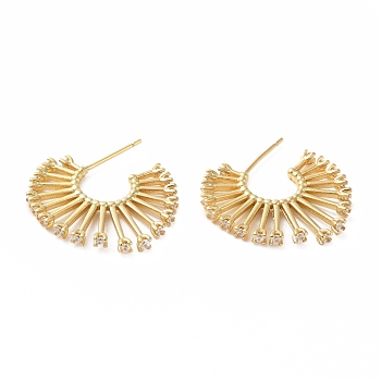 Cubic Zirconia Flower Stud Earrings, Real 18K Gold Plated Brass Half Hoop Earrings for Women, Lead Free & Cadmium Free, Clear, 25x24x2mm, Pin: 0.7mm