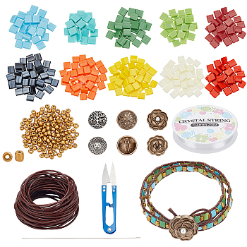 DIY Tile Bracelet Making Kit, Including Glass Seed Beads, Rose & Half Round Alloy Buttons, Cowhide Leather Cord, Elastic Thread, Scissors, Mixed Color