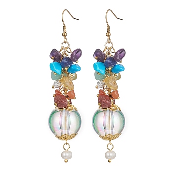 Chakra Natural Gemstone Chip Dangle Earrings, with Transparent Acrylic Beads & Ion Plating(IP) 304 Stainless Steel Earring Hooks, Colorful, 85~87mm