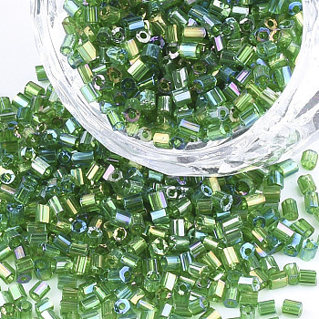 Grade A Glass Seed Beads, Hexagon(Two Cut), Transparent Colours Rainbow, Sea Green, 1.5~2.5x1.5~2mm, Hole: 0.8mm, about 2100pcs/bag, 450g/bag