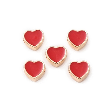 Light Gold Plated Alloy Enamel Beads, Heart, Red, 7.5x8x3.5mm, Hole: 1.6mm