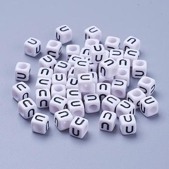Acrylic Horizontal Hole Letter Beads, Cube, White, Letter U, Size: about 6mm wide, 6mm long, 6mm high, hole: about 3.2mm, about 2600pcs/500g