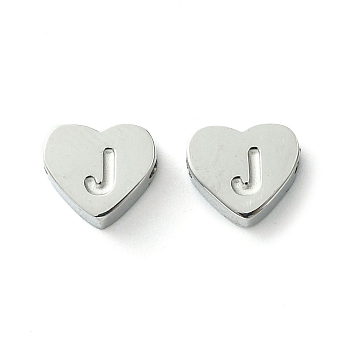 316 Surgical Stainless Steel Beads, Love Heart with Letter Bead, Stainless Steel Color, Letter J, 5.5x6.5x2.5mm, Hole: 1.4mm