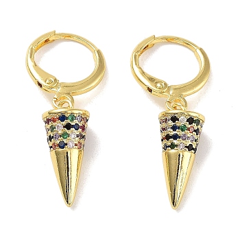 Real 18K Gold Plated Brass Dangle Leverback Earrings, with Cubic Zirconia, Cone, Colorful, 29.5x6.8mm