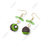 Kiwi Glass Seed Beaded Dangle Earrings, with Acrylic Leaf and lampwork Flower, Golden, Golden, 55x15.5mm(EJEW-FS00062)