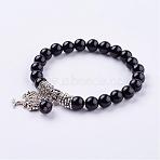 Natural Dyed & Heated Black Agate Stretch Bracelets, with Tibetan Style Pendants, Dyed & Heated,  2 inch(51mm)(BJEW-F262-A05)