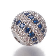 Brass Cubic Zirconia Beads, Round, Blue, Platinum, 10x9.5mm, Hole: 2.5mm(ZIRC-O029-15B-P)