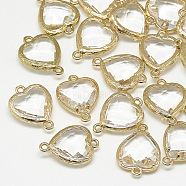 Glass Links connectors, with Golden Tone Brass Findings, Faceted, Heart, Clear, 16x11.5x4.5mm, Hole: 1mm(GLAA-Q068-09B-18)