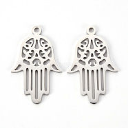 Non-Tarnish 201 Stainless Steel Pendants, Laser Cut, Hamsa Hand/Hand of Fatima/Hand of Miriam, Stainless Steel Color, 31x19.5x1mm, Hole: 1.8mm(STAS-Q239-005)