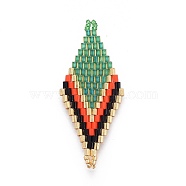 MIYUKI & TOHO Handmade Japanese Seed Beads Links, Loom Pattern, Rhombus, Green, 44.6~45.2x17.8~18.6x1.6~1.7mm, Hole: 1.4~1.6mm(SEED-E004-O02)