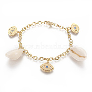 304 Stainless Steel Charm Bracelets, with Natural Cowrie Shell and Enamel, Evil Eye, Golden, 8 inch(20.2cm), 4mm(BJEW-F383-03G)