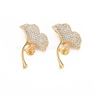 Brass Micro Pave Clear Cubic Zirconia Peg Bails Pendants, Nickel Free, For Half Drilled Beads, Gingko Leaf, Real 18K Gold Plated, 24.5x20.5x5.5mm, Hole: 2mm, Pin: 0.7mm(KK-S364-108)