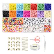 DIY Jewelry Making Kits, Including Round Glass Seed Beads, Flat Round Acrylic Beads, Elastic Crystal Thread, Tweezers, Scissors, Alloy Clasps and Iron Rings, Mixed Color, Beads: 3~3.5mmx2~3mm, Hole: 1~1.2mm, 7x3~4mm, Hole: 1.5~2mm, 4200pcs/set(DIY-YW0003-19)