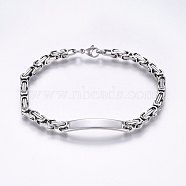 201 Stainless Steel ID Bracelets, Byzantine Chain, with Lobster Claw Clasps, Stainless Steel Color, 8-1/4 inch(21cm), 4mm(BJEW-F331-07P)