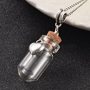 Glass Bottle European Dangle Charms, with Alloy Heart Charm and Iron Findings, Wooden Bungs, Antique Silver, 34x13mm, Hole: 4.5mm, Capacity: 3.5ml(0.11 fl. oz)(X-PALLOY-JF00110)