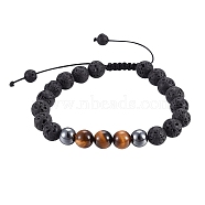 Aromatherapy Essential Oil Diffuser Natural Lava Rock Braided Bead Bracelets, with Tiger Eye and Non-Magnetic Synthetic Hematite Beads, 2-1/8~3 inch(5.3~7.8cm)(BJEW-SZ0001-67)