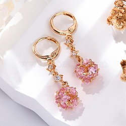 Brass Micro Pave Cubic Zirconia Leverback Earrings, Long-Lasting Plated, Rack Plating, Lead Free & Cadmium Free, Flower, Golden, 37x10mm(EJEW-K300-57G)