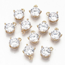 Brass Glass Rhinestone Charms, Long-Lasting Plated, Cadmium Free & Lead Free, Flat Round, Light Gold, Crystal, 12x10x5mm, Hole: 1.4mm(GLAA-S179-33-RS)