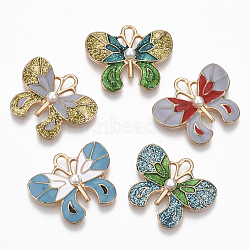 Alloy Pendants, with Glitter Powder and ABS Plastic Imitation Pearl & AB Glue, Butterfly, Light Gold, Mixed Color, 20x24.5x4mm, Hole: 2mm(X-PALLOY-R119-09)