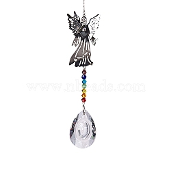 Glass Teardrop Pendant Decorations, with Metal Angel Link, Hanging Suncatchers Garden Decorations, Colorful, 350mm(PW-WG80988-02)